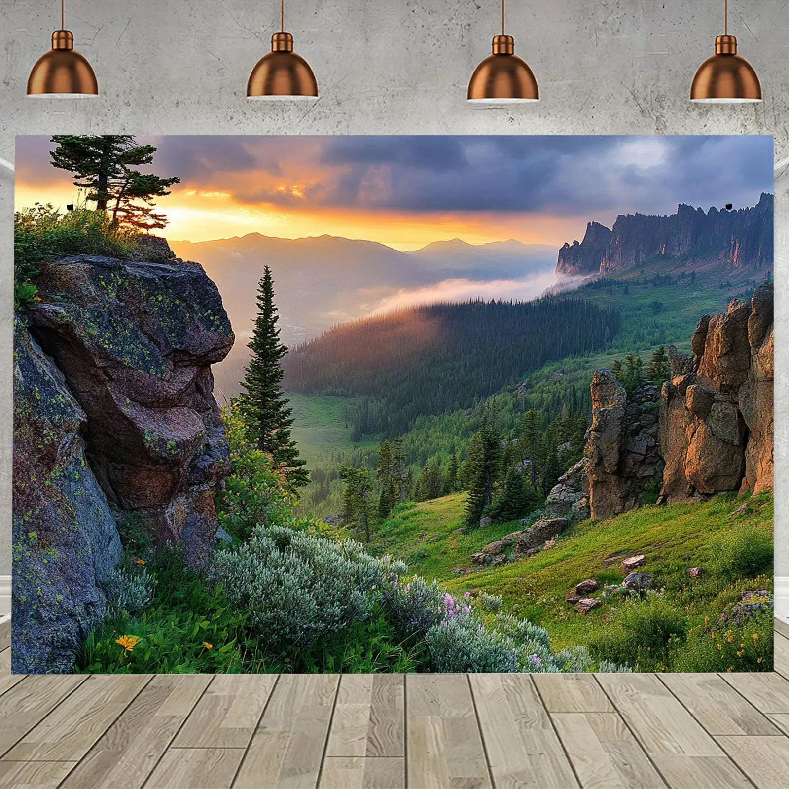 1pc Extra Large Golden Hour Peaks Polyester Mountain Print Indoor Photo Studio Backdrop - Durable Modern Stain-Resistant Landscape Banner, Ideal for Weddings, Corporate Events, Wedding