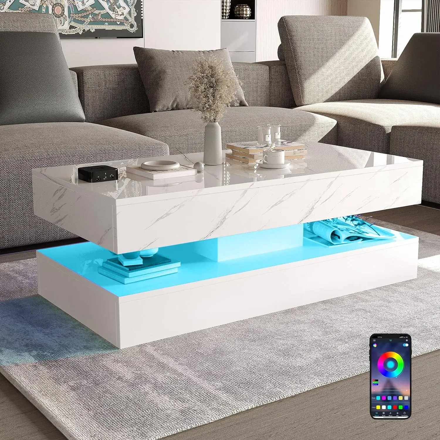 LED Coffee Table with 2 Storage Drawers, Modern High Gloss White Coffee Table  LED Lights, 2 Tiers Rectangle Center Table for Living Room with Marbling Print
