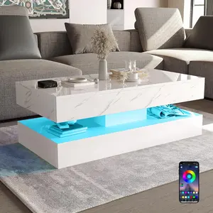 LED Coffee Table with 2 Drawers, High Gloss White Center Table with App-Control RGB Lights for Living Room