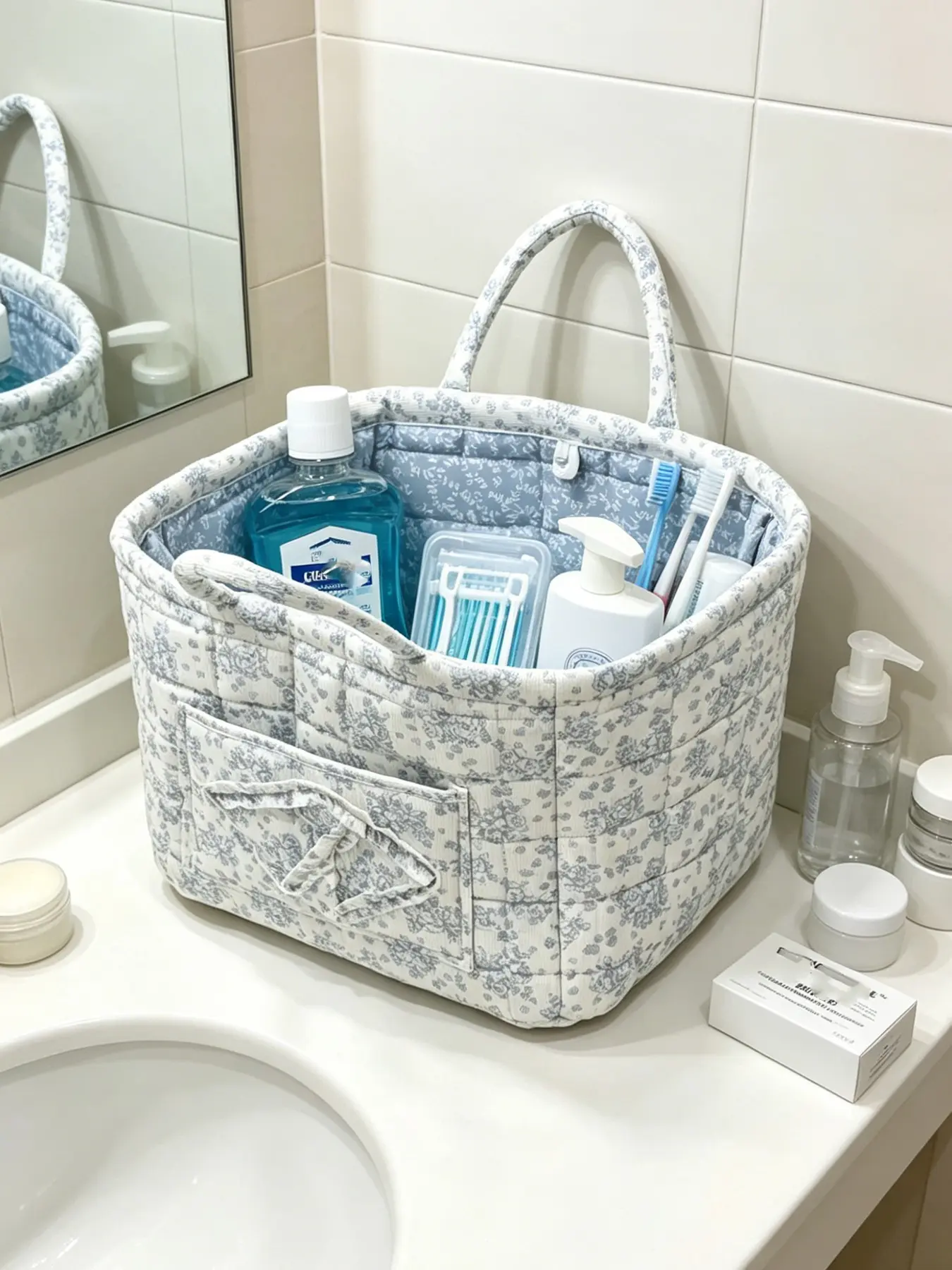 Blue Floral Quilted Multi-Purpose Storage Basket with Handles, Versatile Bathroom Toiletry Organizer Tote with Handle, Cosmetic Makeup Caddy & Lingerie Bag for Home, Dorm & Travel