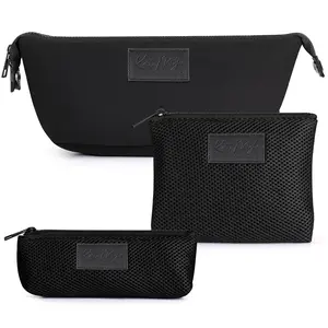 Kat Myhr Neoprene Toiletry Bag Set - Jet Black travel makeup travel toiletry makeup  bag Cute Bow