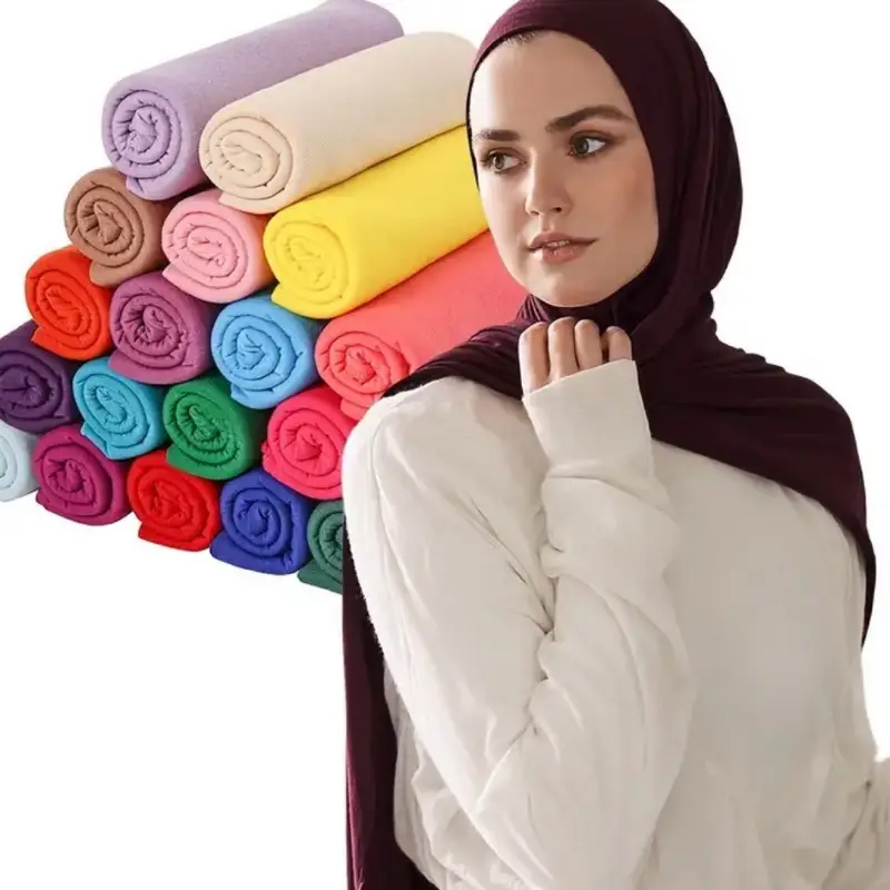 Solid Color Jersey Hijab Women Thin Breathable Scarf Long Stretch Windproof Sunscreen Shawl - Casual Polyester, Available in Various Colors
