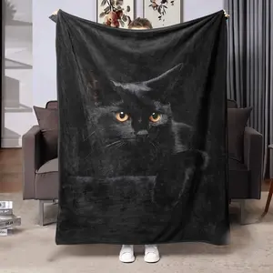 1pc Contemporary Black Cat Digital Print Flannel Throw Blanket, All-Season Multipurpose Knitted Polyester Cover, Cozy Bedding Accessory, Cozy Home Decor, Cat Decor