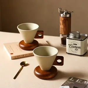 Unique Conical Ceramic Coffee Mug with Solid Wood Base & Handle, Modern Minimalist Aesthetic Cup for Home, Office and Cafe, Perfect Gift for Coffee Enthusiasts, 250ml #SummerVibes