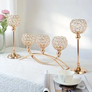 Golden Candle Holder Set, Suitable for Party Table Decoration, 3-Arm Candle Holder with 2 Tea Light Candle Holders, Suitable for Party Decoration, Crystal Candle Holder, Suitable for Fireplace, Home, Living Room, Wedding, Housewarming Decoration