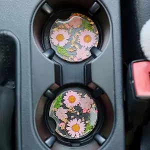 2pc Round Floral Car Center Console Coasters, Resin Drip Handmade Cup Mats, Heat Insulation Pad, Transparent Elegant Car Decor for Girls, Car Interior Decoration