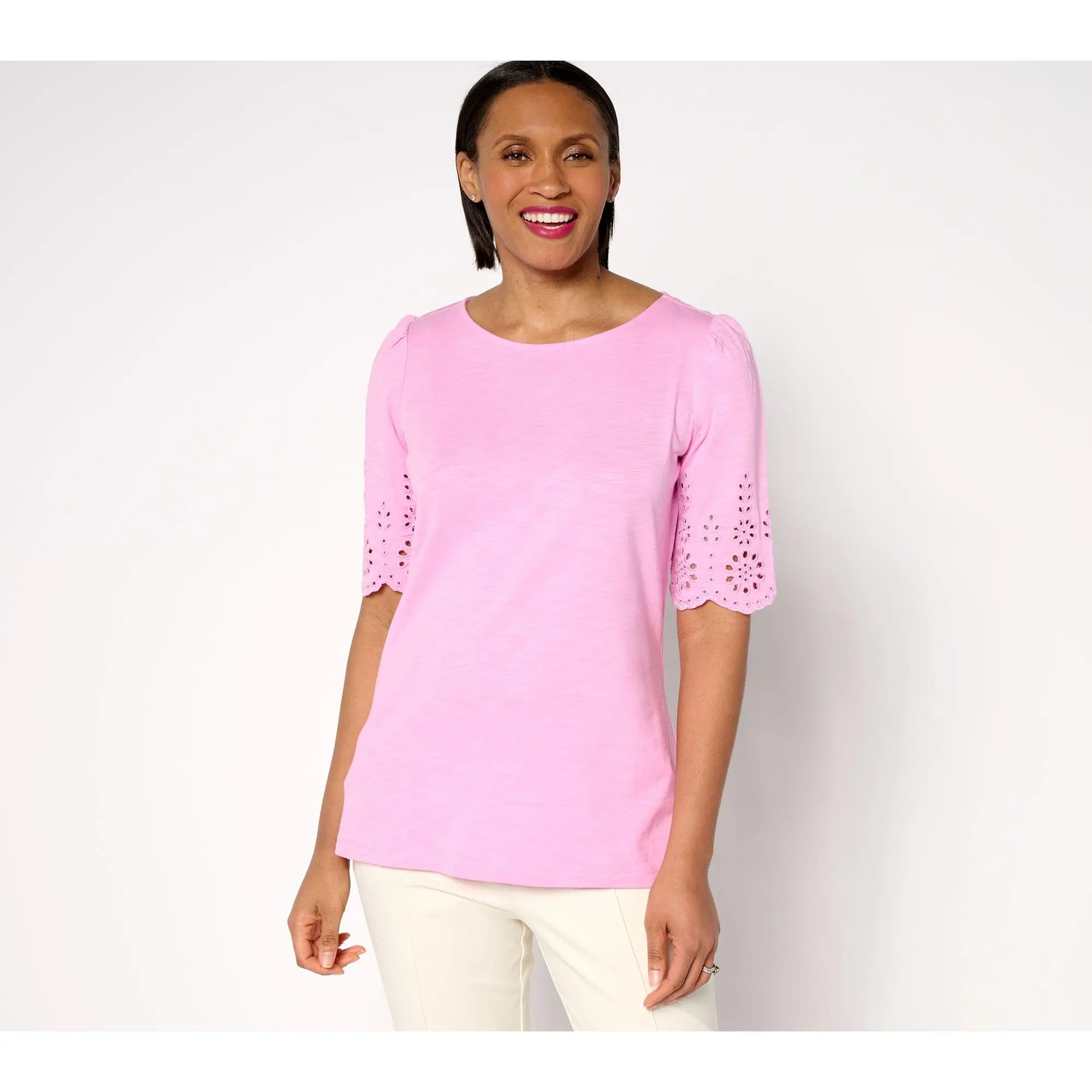 Belle by Kim Gravel Slub Knit Scallop Sleeve Boatneck Top