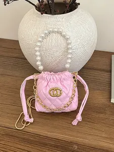 Elegant Mini Bucket Bag with Drawstring, Pearl Chain, Fashionable and Versatile, Perfect for Commuting and Shopping, Modern Style Shoulder Crossbody Bag