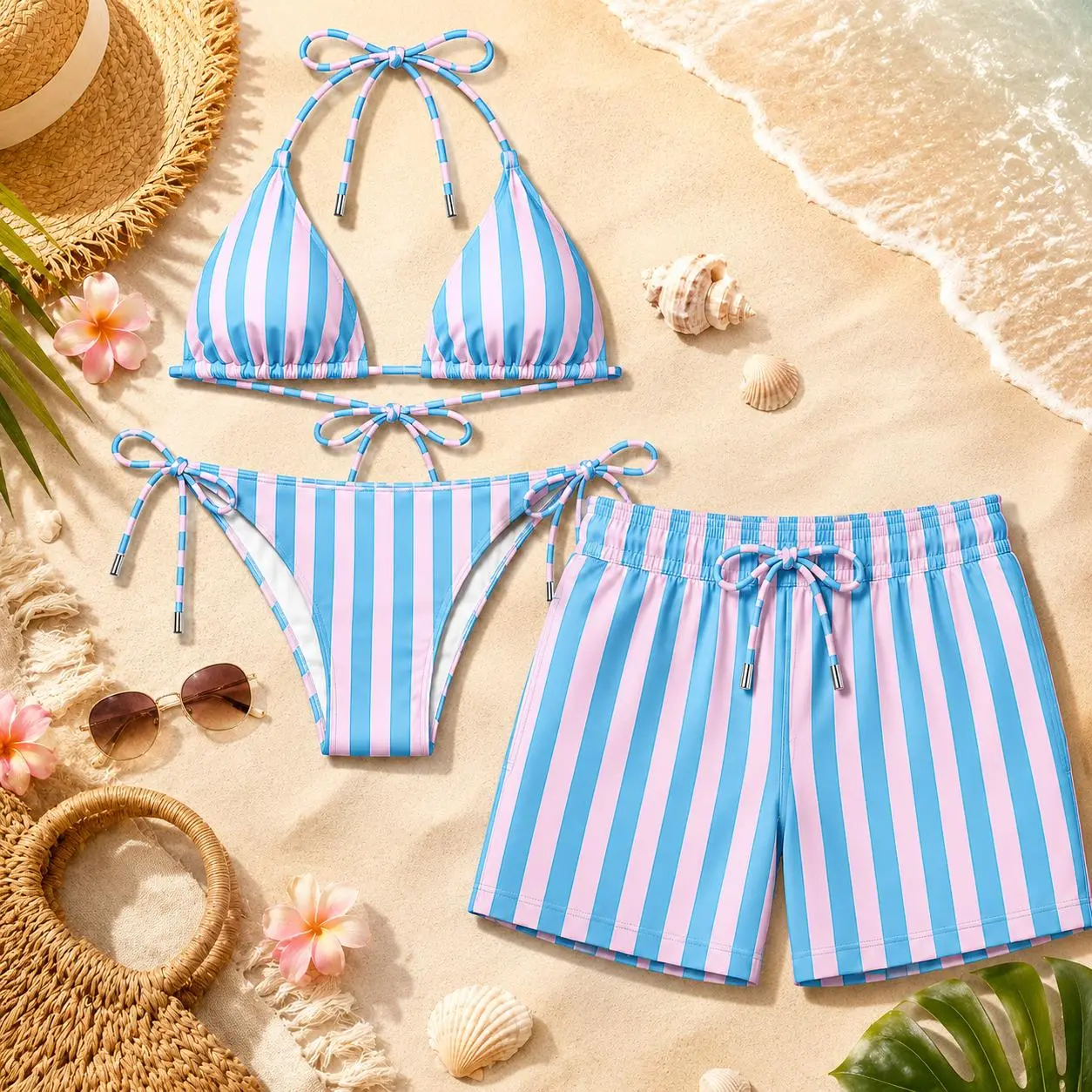 Blue Pink Striped Matching Couple Swimwear Set 2026, Bikini & Men’s Swim Shorts, Trendy Beach Vacation Outfit Gift for Couples