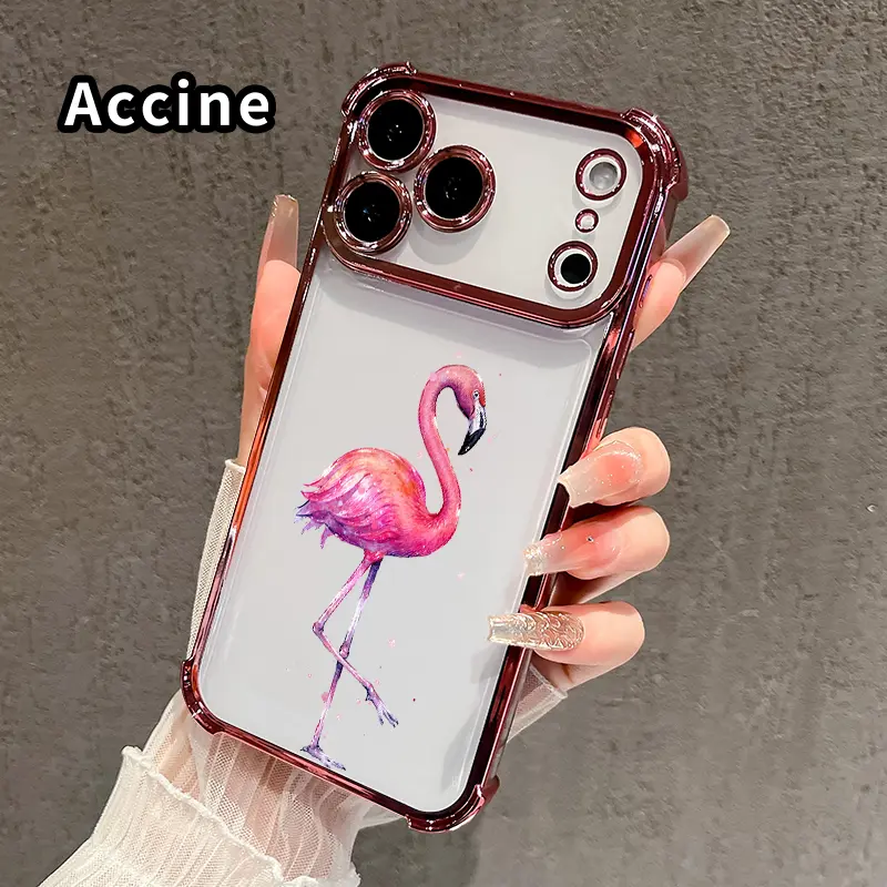 Phone Case for iPhone 17 16 Pro Max 15 Plus 14 13 12 11 E Air Pink Flamingo Grace Pattern Four Corner Airbag Electroplated Anti-Collision Protection Smartphone Cover