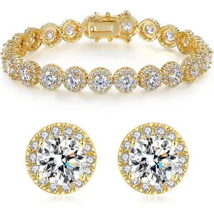 Gemsme Cubic Zirconia Tennis Necklace/Bracelet/Stud Earrings Sets for Women Men Halo Jewelry Pack