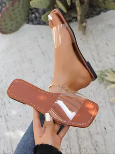 Transparent Summer Sandals, Large Size Fashionable Slip-On Flat Shoes, Lightweight Comfortable Casual Footwear for Women & Men, Pu Leather Slides