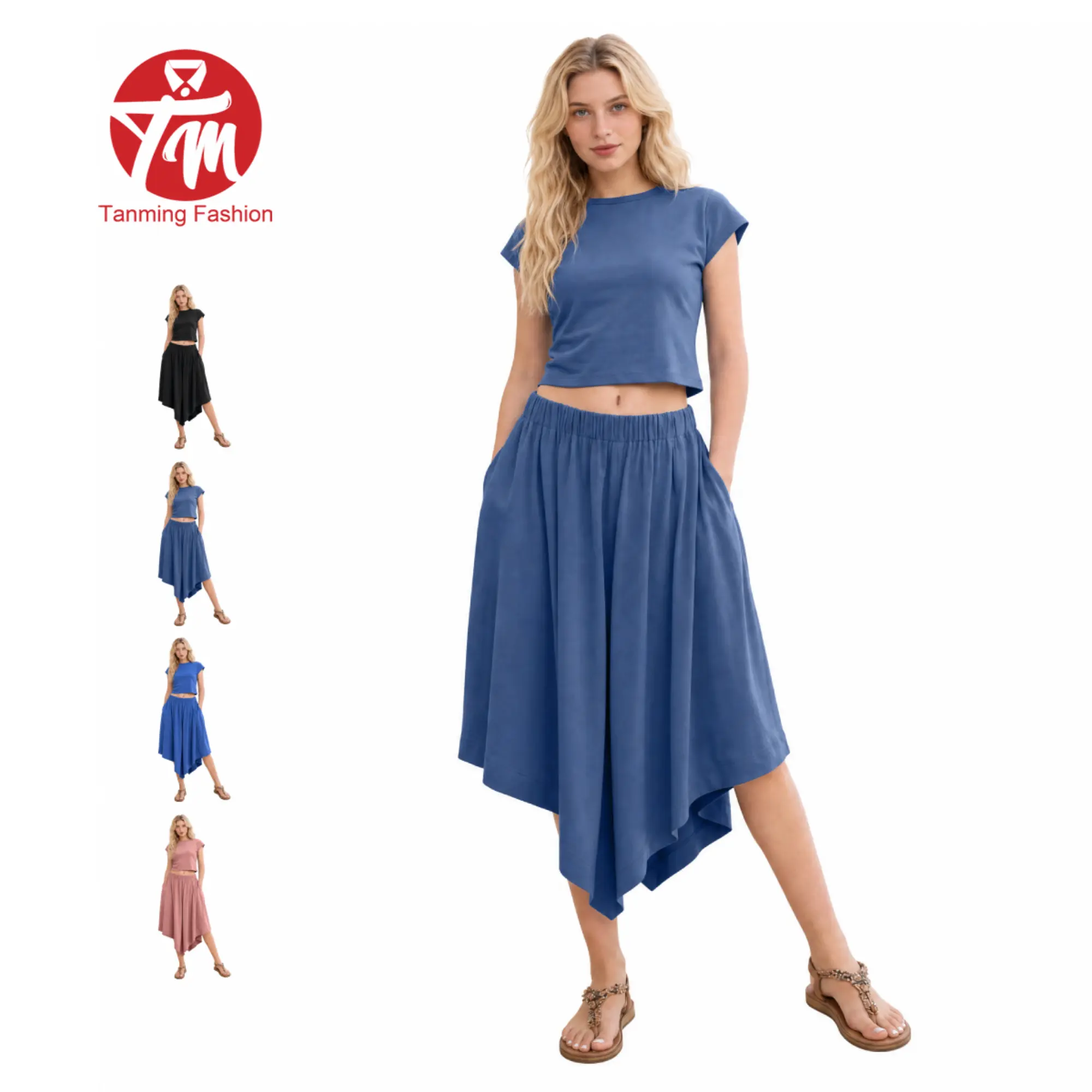 Tanming Women's 2 Piece Cotton Matching Set - Cap Sleeve Crop Top + Flowy Asymmetrical Skirt Set for Beach, Vacation & Casual Wear Clothes Womenswear
