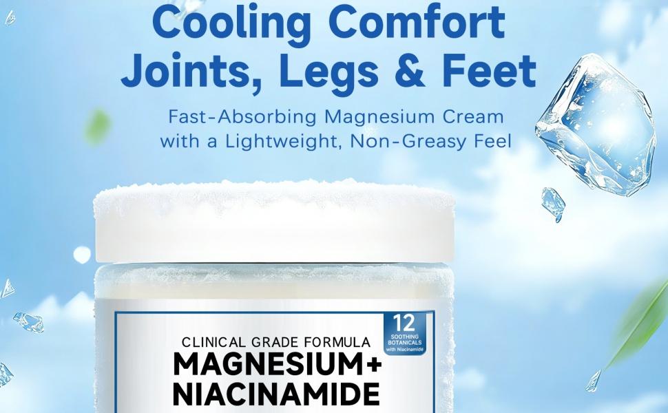 Magnesium Niacinamide Relief Cream - Magnesium Cream for Joints, Leg, Foot, 12 Ingredients for Relief, Fast Acting Cooling Formula, Lightweight, Non-greasy -1PC