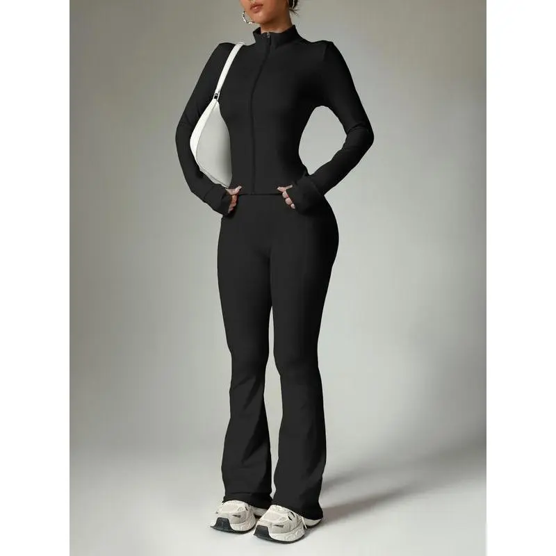 Women's Solid Color Zipper Jacket & Pocket Flare Pants Set, Sweatsuit Set, Perfect for Yoga Gym Outdoor Sports, Comfortable Breathable Autumn Winter Women's Solid Color Zipper Jacket & Pocket Flare Pants Set, Sweatsuit Set, Perfect for Yoga Gym Outdoor Sports, Comfortable Breathable Autumn Winter