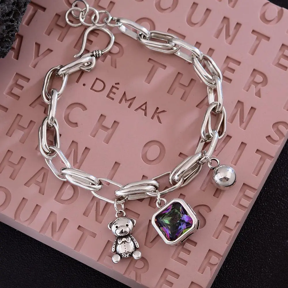 Women's 925 Sterling Silver Sweet Little Bear Charm Bracelet - Shiny Crystal, Fashionable Bracelet, Hypoallergenic Dainty Fine Jewelry, Meaningful Gifts, Hypoallergenic Bracelet, Trendy Fine Jewelry