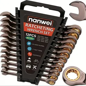 12PCS Metric Ratcheting Combination Wrench Set, 8mm-19mm Cr-V Steel Slim Open Box End Spanner Kit with Portable Storage Organizer for Auto Bike DIY Repair