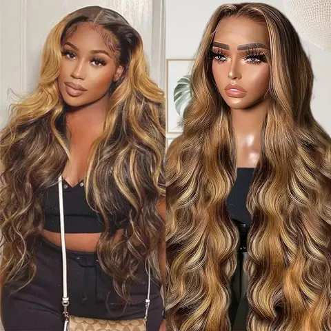 Women's 13x4-13x6 Swiss Lace Front Virgin Human Hair Wig, 180% Density Body Wave, Honey Blonde Ombre 613-P4/27 Brown Highlight Glueless Wig for Party Wear, Body Wave Wigs, Glueless Human Wig