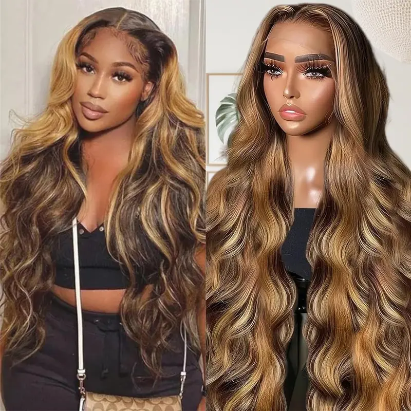 Women's 13x4-13x6 Swiss Lace Front Virgin Human Hair Wig, 180% Density Body Wave, Honey Blonde Ombre 613-P4/27 Brown Highlight Glueless Wig for Party Wear, Body Wave Wigs, Glueless Human Wig