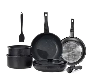 12 Pcs Non-Stick Cookware Set, Pots and Pans Set, with Spatula & Detachable Handle for Kitchen, Black