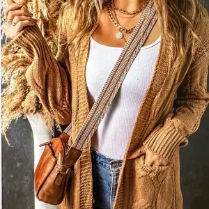 Khaki Ribbed Trim Eyelet Cable Knit Cardigan