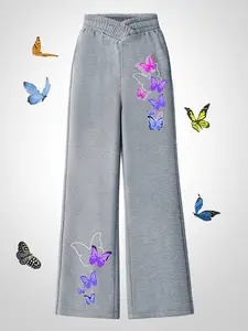 Girls' Casual Wide-Leg Pants - Cotton Blend, Purple & Blue Butterfly Print, Elastic Waist, Elegant Fantasy Style, Soft Breathable, Spring/Summer Wear, Machine Washable