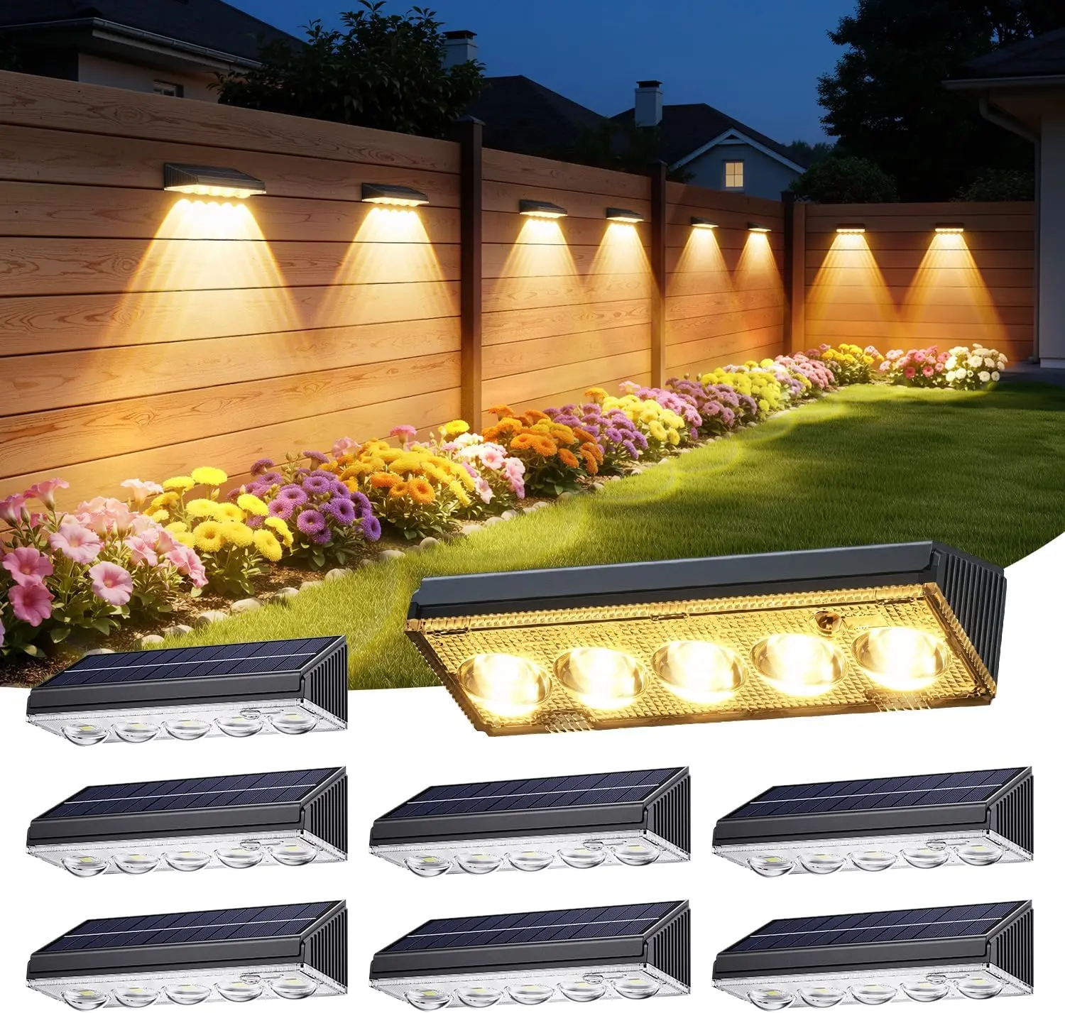 LETMY Solar Fence Lights Outdoor Waterproof, 8/4 Pack Warm White & 9 Fixed Colors & Color Changing Fence Lights Solar Powered, Solar Lights Outdoor Fence for Outside Backyard Railing Patio Wall Deck