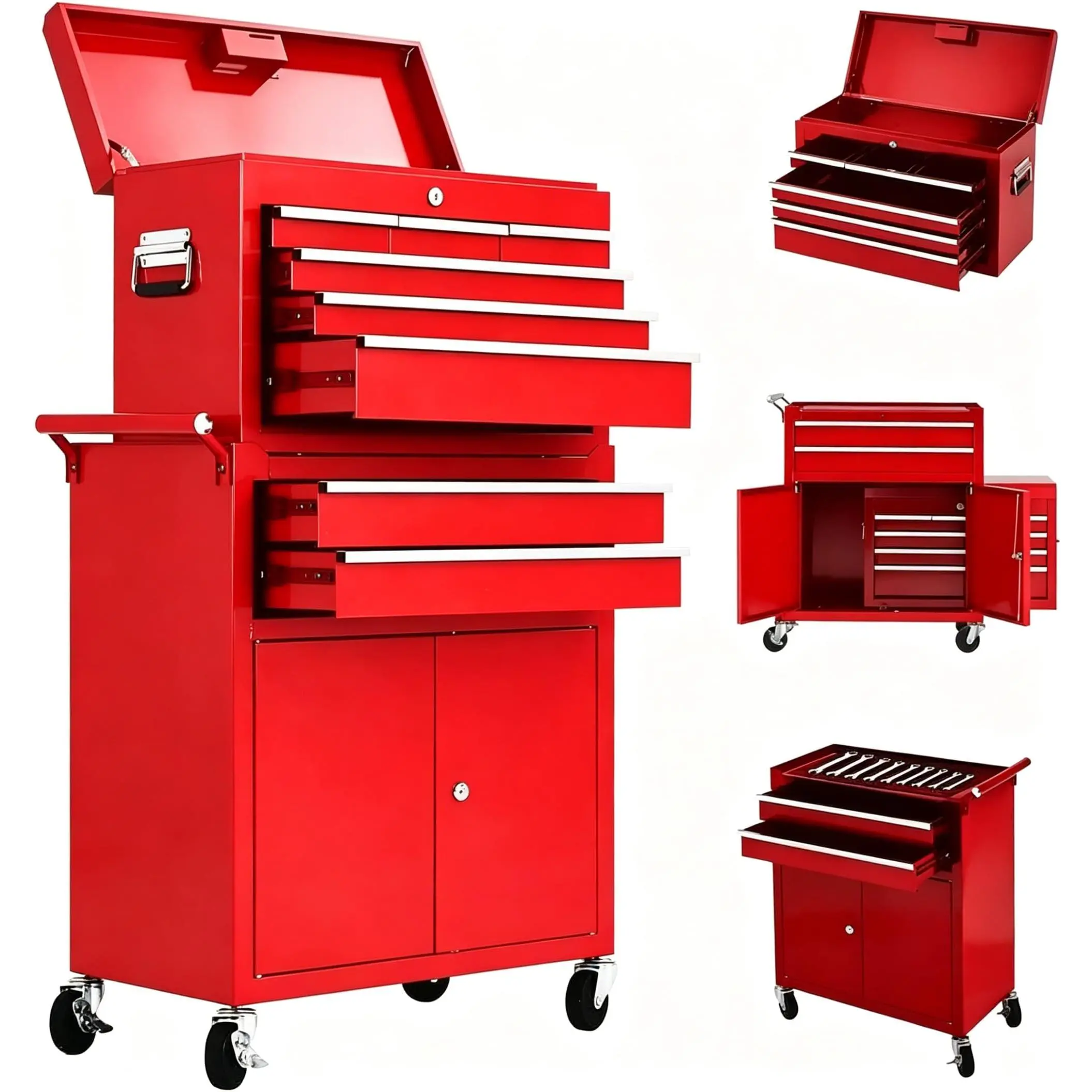 GAOMON 8-Drawer Rolling Tool Chest, 2-in-1 High Capacity Tool Storage with Detachable Top Cabinet, Locking System, Wheels and Liners for Garage, Workshop, Red