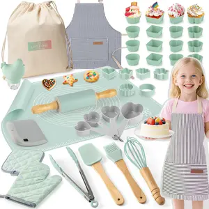 Baking Kit for Kids - 38 Piece Kitchen Tools, Food Grade Silicone, BPA/BPS Free - Real Cooking Set for Ages 8-12 - Girls Boys Birthday Stocking Stuffer - Sage Green