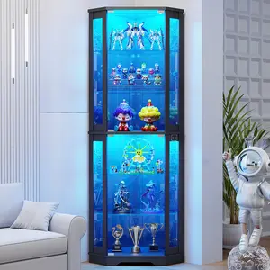 BROTTAR 71" Corner Display Cabinet with Glass Doors, 6 Tier Curio Cabinet with 3 LED Lights & Glass Shelves, Human Body Sensor, Showcase Display Case for Collectibles, Black