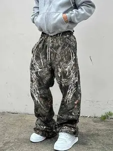 Y2K Oversized Loose Camo Pants, Knit, Branches & Camouflage Print, Street Style High Street Fashion, Fall Winter Essential, Menswear