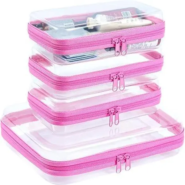 4-Piece PVC Zippered Hard Shell Pouches Set - Travel Storage Organizer, Toiletry Bag for Diapers, Cosmetics (M+3S)