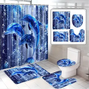 Blue Dolphin Shower Curtain Set, Romantic Ocean Design, Includes Bath Mat, Toilet Lid Cover, U-Shaped Tray, Perfect Gift for Home Decor, Bathroom Supplies