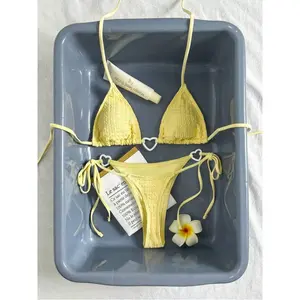 Swmmer Liket Women's Cream Yellow Special Fabric Triangle Cup Bikini Strap Vacation Swimsuit Set
