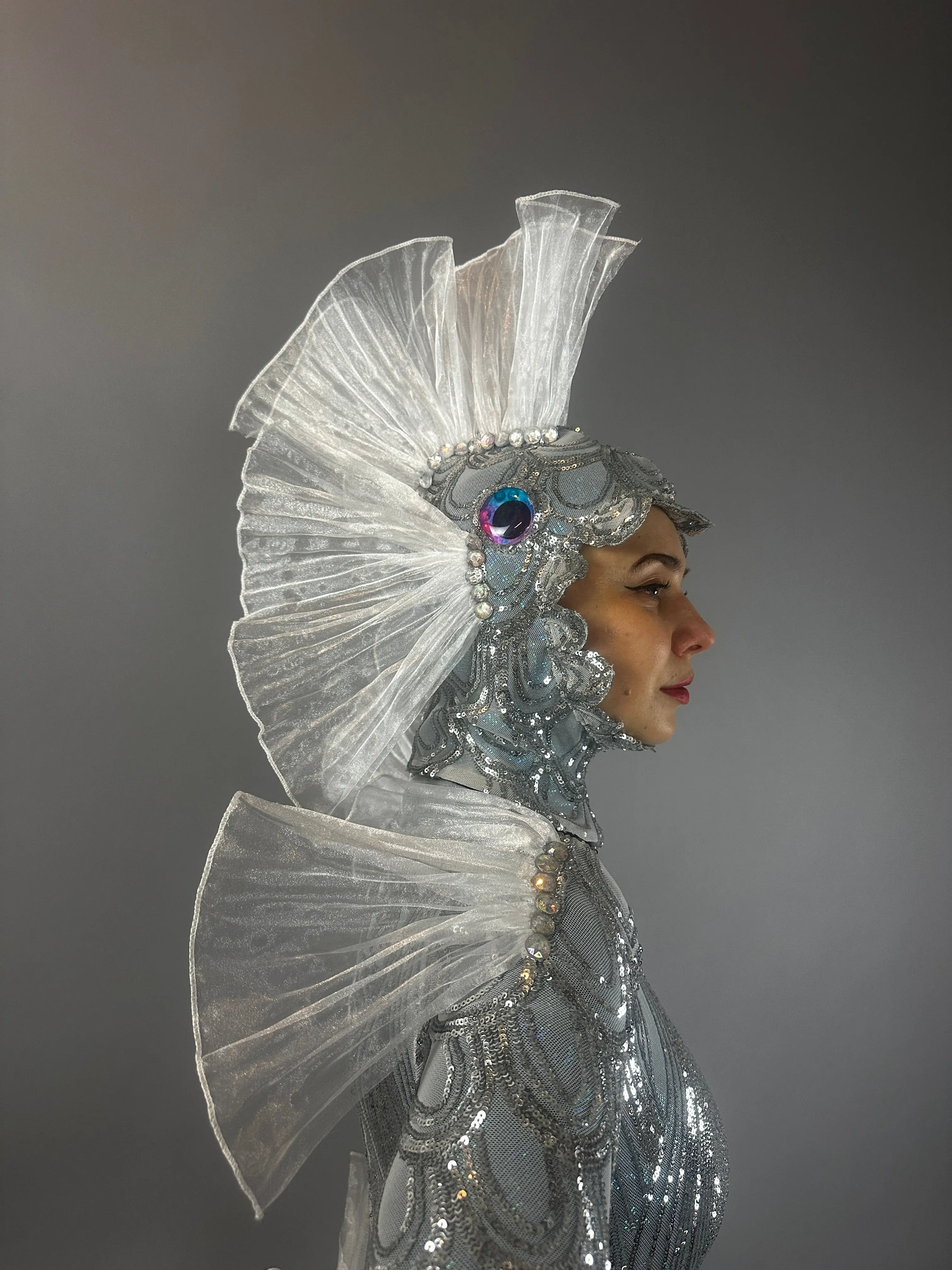 Women's Silver Sequin Ocean Fish Costume - Spandex Fabric Theatrical Stage Performance Catsuit with Matching Sheer Sea Creature Accessories, Reflective, Stretchy, Metallic, Marine Aesthetic