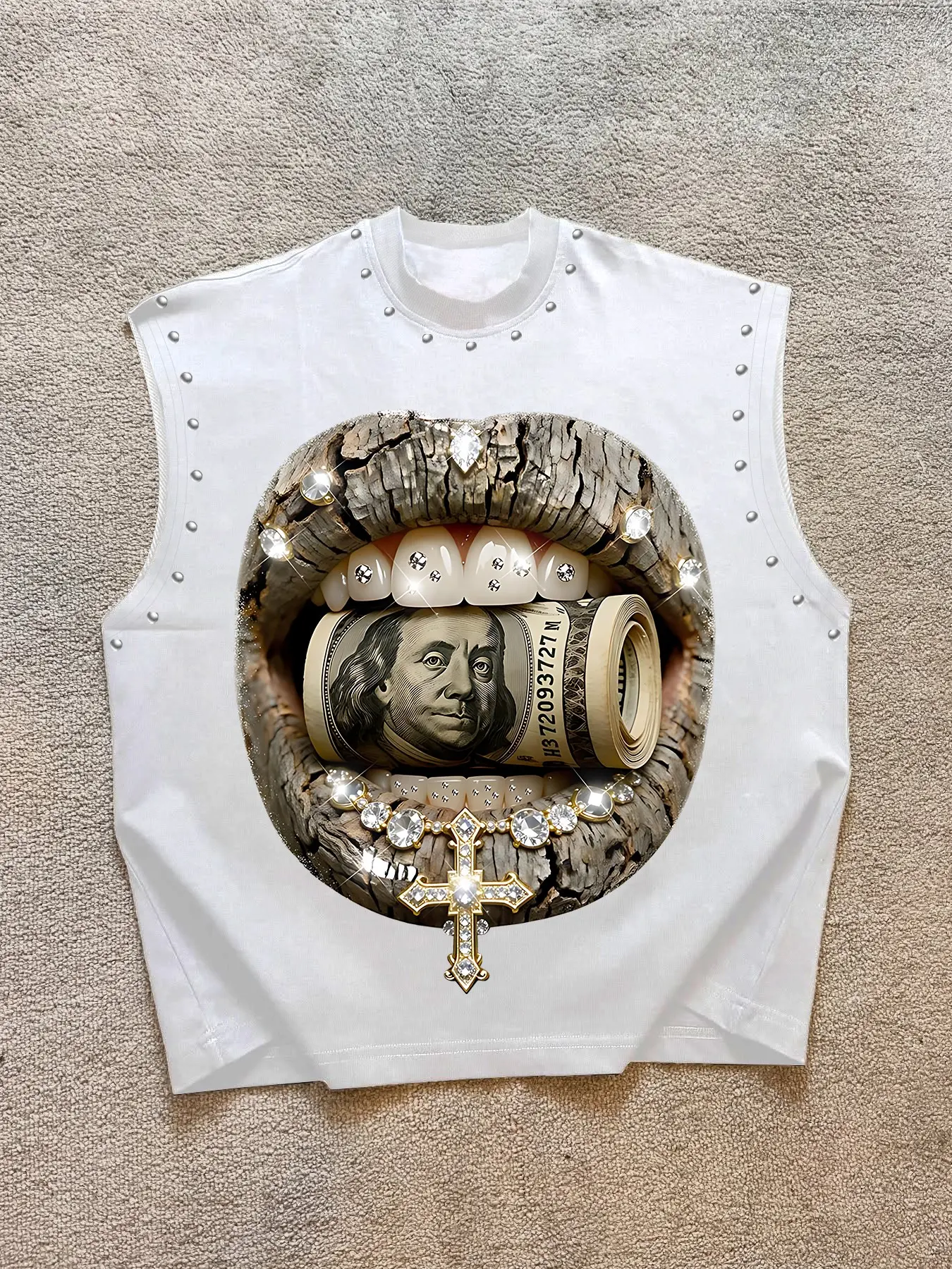 Men's Casual Sleeveless Vest, Leisure Sleeveless, Menswear Luxury Trendy Graphic Design with Wealth Elements and Rhinestone Details, Comfortable Fabric, Perfect for Music Festivals and Streetwear, Sleeveless Tank Top, Casual Tank Tops