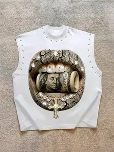 Men's Casual Sleeveless Vest, Menswear Luxury Trendy Graphic Design with Wealth Elements and Rhinestone Details, Comfortable Fabric, Perfect for Music Festivals and Streetwear, Sleeveless Tank Top, Casual Tank Tops