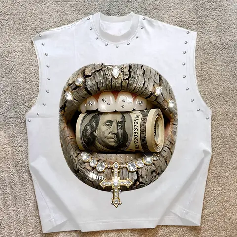 Men's Casual Sleeveless Vest, Menswear Luxury Trendy Graphic Design with Wealth Elements and Rhinestone Details, Comfortable Fabric, Perfect for Music Festivals and Streetwear, Sleeveless Tank Top, Casual Tank Tops, Casual Sleeveless Clothes