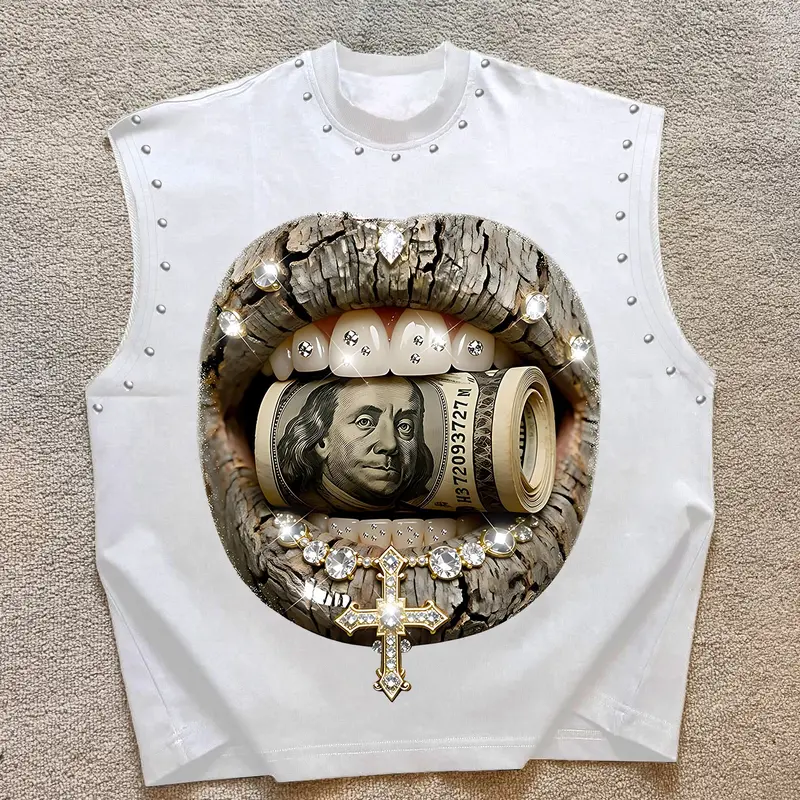 Men's Casual Sleeveless Vest, Menswear Luxury Trendy Graphic Design with Wealth Elements and Rhinestone Details, Comfortable Fabric, Perfect for Music Festivals and Streetwear, Sleeveless Tank Top, Casual Tank Tops, Casual Sleeveless Clothes