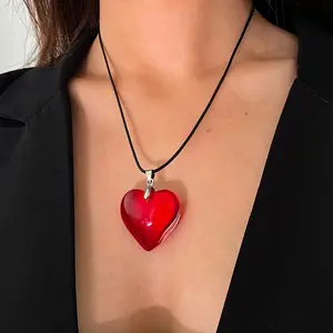 Valentines Day Red Heart Pendant | Black Rope Heart Necklace | y2k Jewelry | 2000's necklace  Crimson Love Medallion | Corded Heart Choker | Y2K Romantic Jewelry | Millennial Pendant Necklace | Retro Necklace | Cybercore | kpop