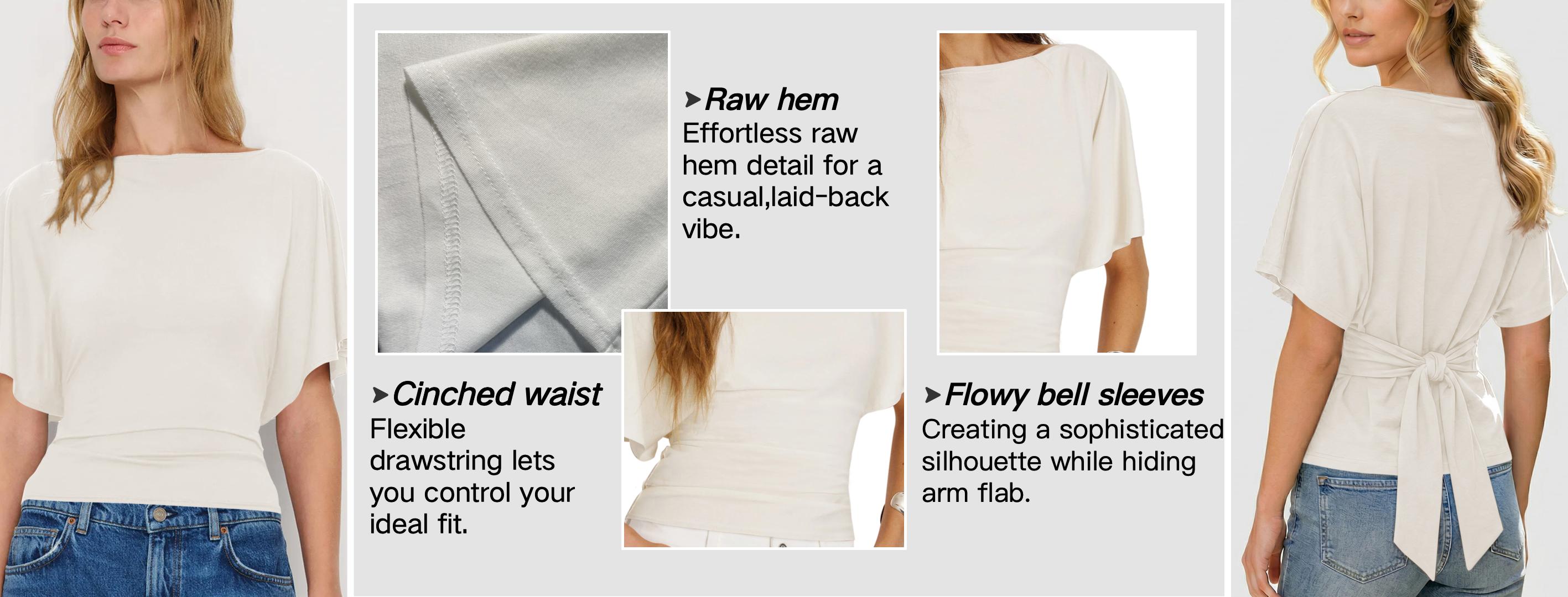 Songling Women's Cinched Waist Shirt Short-Sleeve Boat Neck Knit Top Stylish Streetwear Basic Sports T-Shirt Top Casual Upgraded Modal Fabric