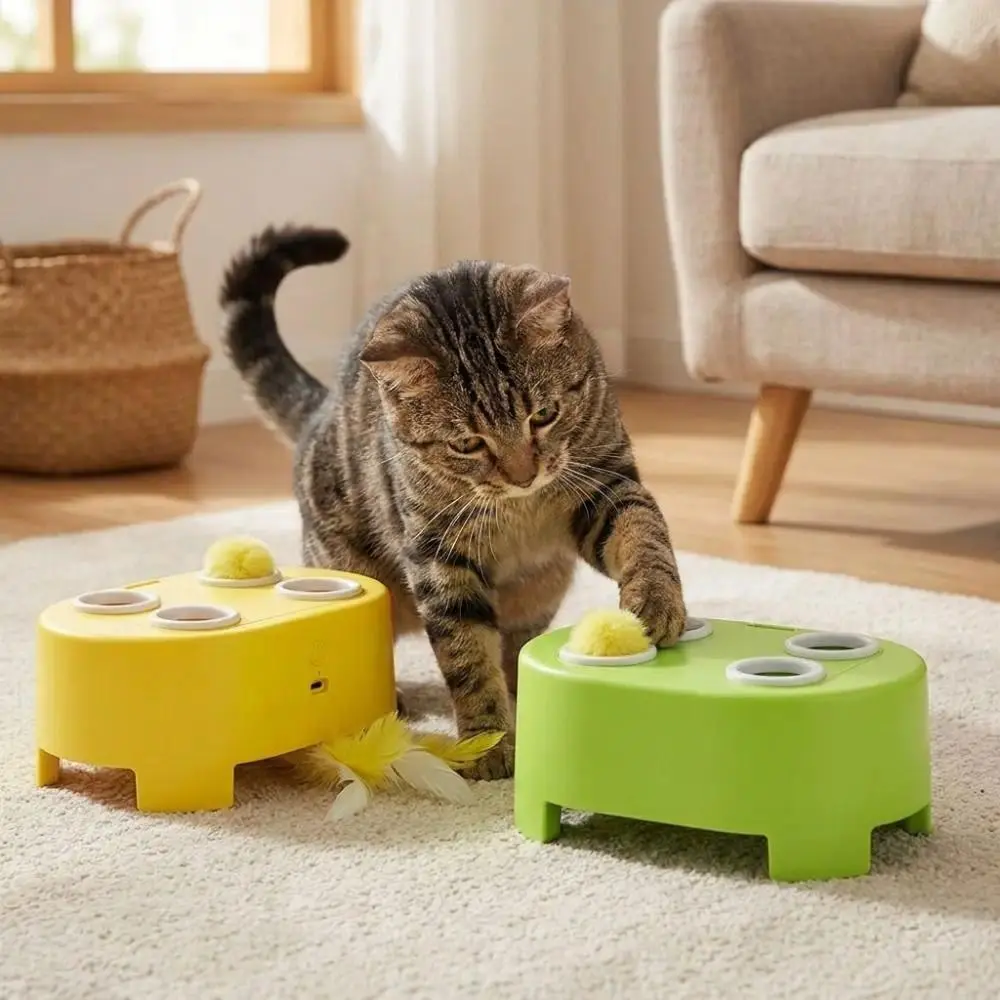 Multi Hole Game Electric Whack Mole Cat Toy Auto Pop Up Pom Pom Balls Rotating Bottom Feather Feather Cat Chase Game Toy 3 Mode