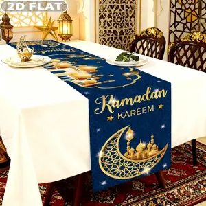 2D FLAT 1pc Tablecloth for Eid Al Fitr, 35x180cm / 70.8x13.8 Inch, Table Flag for Celebrating Eid Al Fitr, Home and Kitchen Decor for Eid Al Fitr, Durable Polyester Holiday Decor Supplies, Perfect for Ramadan Celebrations