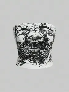 Women's Halloween Skull & Floral Print Crop Tube Top, Punk Fashion Casual Sleeveless Strapless Top for Daily Holiday Vacation Outdoor Wear, Ladies Clothes for All Seasons