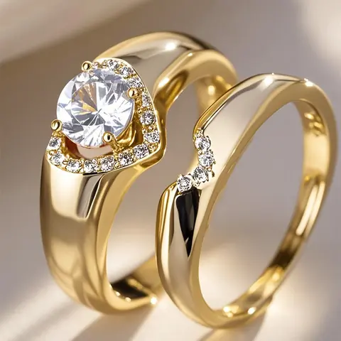 2 Pcs/set Luxury Cubic Zirconia CZ Ring For Women Beautiful Rings For Wedding Engagement Party Jewelry Valentine's Day Gift Wedding Matching Promise Rings