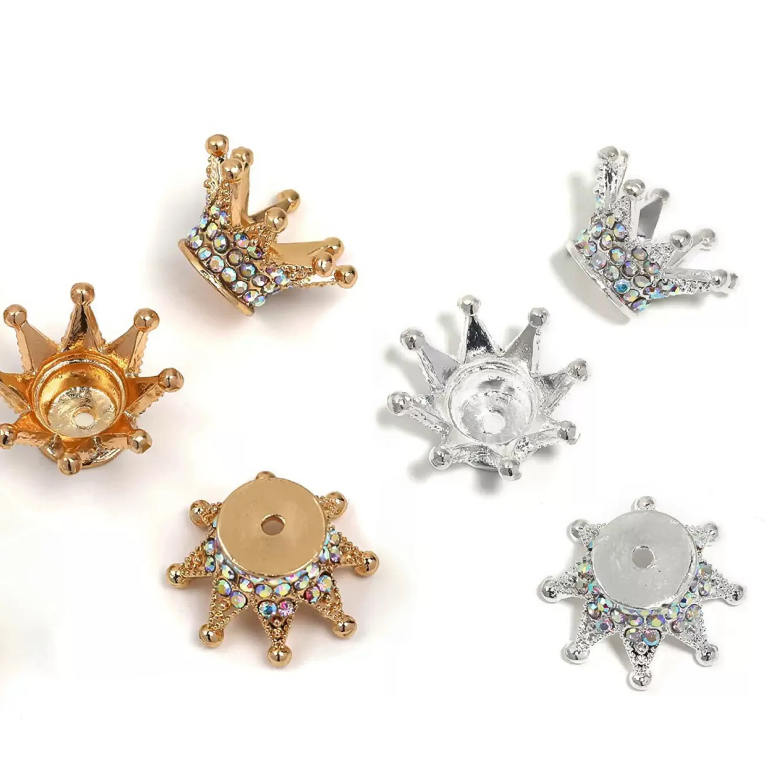 6PCS Distinct Designs Crystal Rhinestone Crown Bead Accessories - 3 Gold, 3 Silver for Bracelet Beads and Charms Making, Pen DIY, Decorative Charm Supplies, Crystal Rhinestone Accessories