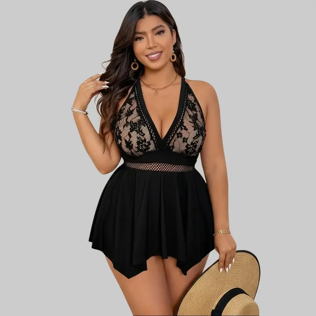 Plus-Size Flowy Swimdress 2-Piece Set, V-Neck Sleeveless Swimsuit with Wrap Cover-Up, Elegant Solid Knit Resort Wear, Beach Swimwear Clothes, Sleeveless Swimsuits, Knit Fabric, Polyamide, Plain, High Stretch, Elastane, Two-Pieces