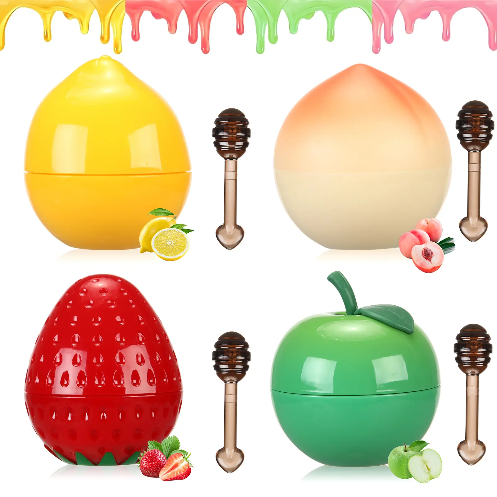 Adorable Fruit-Shaped Lip Mask Set – 4/6/8 Pcs Jars (Strawberry, Apple, Lemon, Peach & More) with Mini Brush, Hydrating Day & Night Lip Care, Perfect Gift Idea