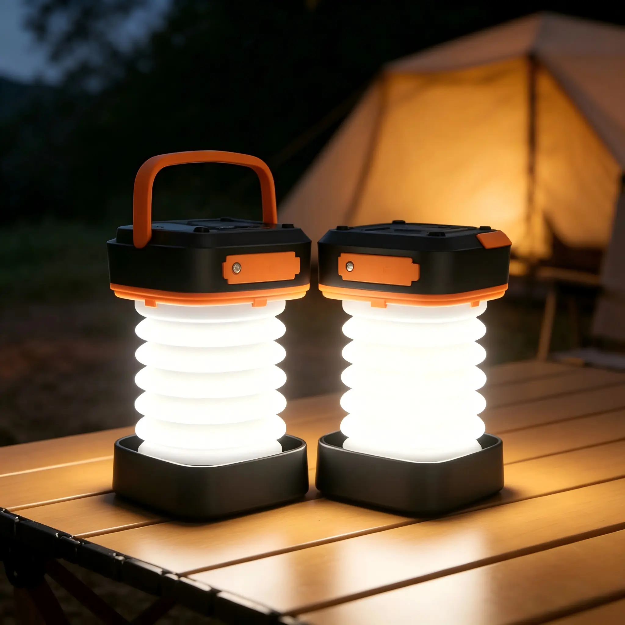 ISUNMEA 2-Pack Collapsible Solar Rechargeable LED Camping Lamp, USB-Powered Portable High Lumen Flashlight, Zoomable Tactical Backpacking Gear Lantern