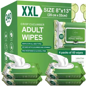 Adult Wipes Extra Large Scented - Skin-Friendly Incontinence Wet Wipes for Adults & Elderly Disposable Washcloths - 8x13" 4 Packs of 60 (240 Wipes)